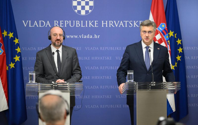 16.11.2023., Zagreb - Radni sastanak o novom Strateskom programu EU. Izjave za medije predsjednika Vlade Andreja Plenkovica i predsjednika Europskog vijeca Charlesa Michela. Andrej Plenkovic, Charles Michel.
 Photo: Davor Puklavec/PIXSELL