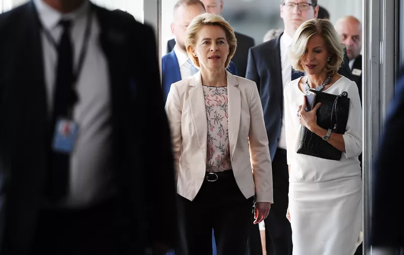 European Commission President Ursula von der Leyen (C) arrives for a meeting with heads of the European Parliament's political groups at the European Parliament on September 19, 2019 in Strasbourg, eastern France. (Photo by FREDERICK FLORIN / AFP)