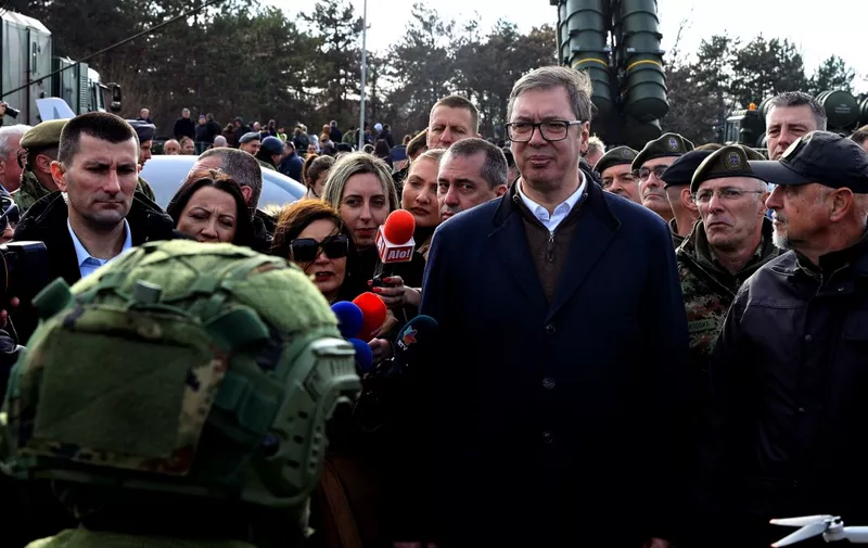 President of Serbia Aleksandar Vucic attends an exhibition of Serbia's armed forces in Nis, southern Serbia, on February 14, 2024, ahead of Serbia's Statehood Day. (Photo by SASA DJORDJEVIC / AFP)