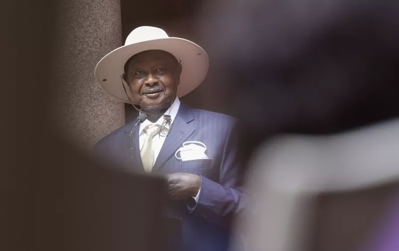 Ugandan President Yoweri Museveni speaks during a press conference after a meeting with South African President Cyril Ramaphosa (not seen) at the Union Buildings in Pretoria on February 28, 2023. (Photo by GUILLEM SARTORIO / AFP)