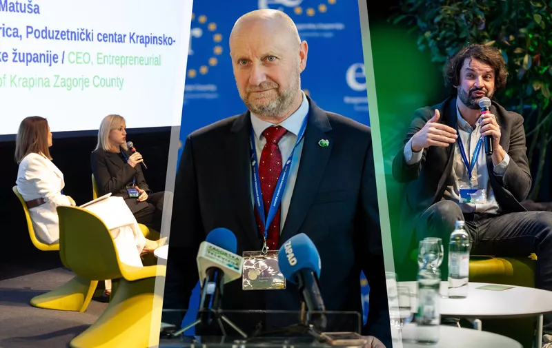 Tri fotografije s poslovnog događaja: sudionici razgovora sjede na žutim stolicama i govore u mikrofone.