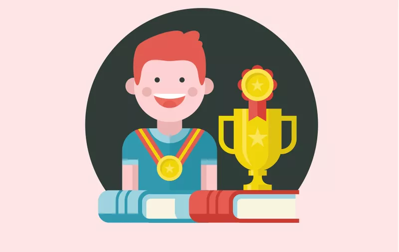 Vector emblem in flat style. Cheerful boy with a medal. Books and sports Cup.