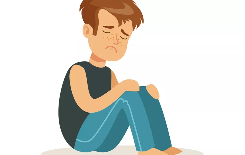 Stressed boy character sitting on tha floor vector Illustration isolated on a white background