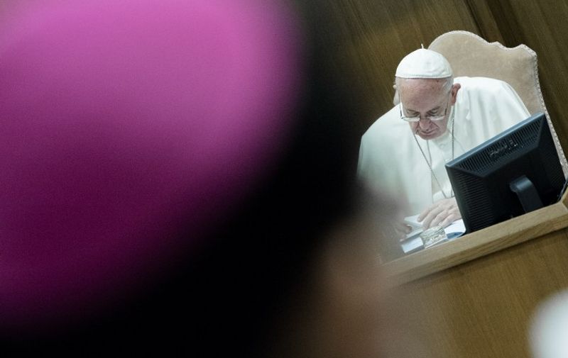 Pope Francis leads the morning session of the Synod of bishops, at the Vatican, Saturday, Oct. 10, 2015. (Photo by Massimo Valicchia/NurPhoto)