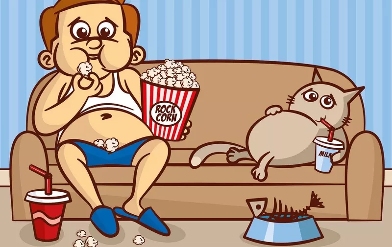The fat man is sitting on the couch and eating popcorn. Cat drinks milk Vector Illustration, Image: 331614993, License: Royalty-free, Restrictions: , Model Release: no, Credit line: Profimedia, Stock Budget