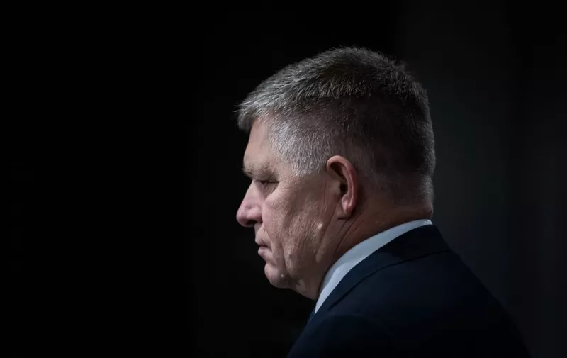 Leader of Direction - Social Democracy (Smer - SD) party Robert Fico leaves after an electoral TV debate on September 26, 2023 in Bratislava. The parliamentary elections are scheduled to be held on September 30, 2023 to elect members of the National Council. (Photo by VLADIMIR SIMICEK / AFP)
