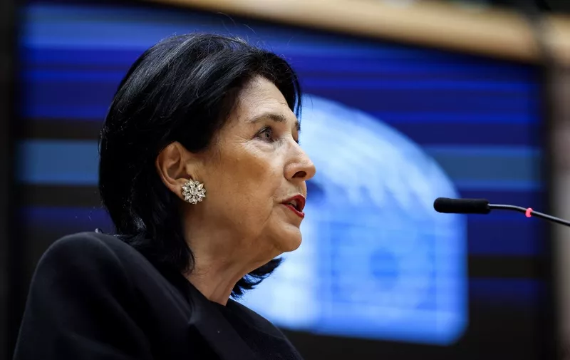 Georgia's President Salome Zourabichvili speaks during a plenary session at the EU Parliament in Brussels on May 31, 2023. (Photo by Kenzo TRIBOUILLARD / AFP)