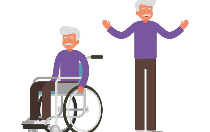 Set of Sad old man sits in wheelchair and happy man stands with raised arms. Elderly male person got up from a wheelchair as a result of rehabilitation. Vector Medical concept