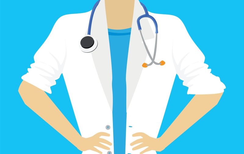 Female doctor or nurse close up, medical background, flat vector illustration