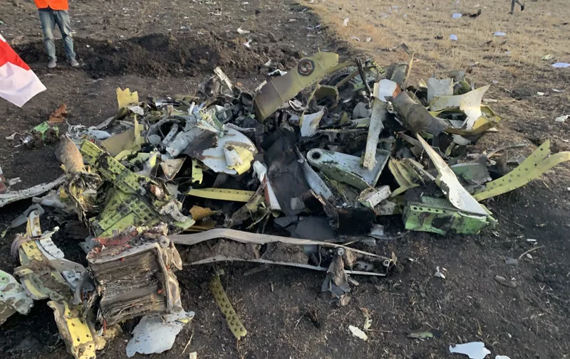 ADDIS ABABA, March 10, 2019  The wreckage of an Ethiopian Airlines' aircraft is seen at the crash site, some 50 km east of Addis Ababa, capital of Ethiopia, on March 10, 2019. All 157 people aboard Ethiopian Airlines flight were confirmed dead as Africa's fastest growing airline witnessed the worst-ever incident in its history. The incident on Sunday, which involved a Boeing 737-800 MAX, occurred a few minutes after the aircraft took off from Addis Ababa Bole International Airport to Nairobi, Kenya. It crashed around Bishoftu town, the airline said., Image: 418672773, License: Rights-managed, Restrictions: , Model Release: no, Credit line: Profimedia, Zuma Press - News