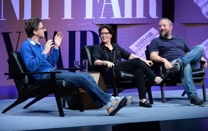 SAN FRANCISCO, CA - OCTOBER 08: (L-R) Buzzfeed CEO Jonah Peretti, Re/code Co-executive Editor Kara Swisher and Vice Co-Founder Shane Smith speak onstage during "?Missing Ink: The New Journalism? at the Vanity Fair New Establishment Summit at Yerba Buena Center for the Arts on October 8, 2014 in San Francisco, California.   Michael Kovac/Getty Images for Vanity Fair/AFP