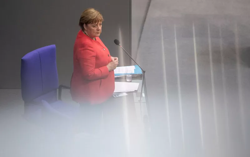 BERLIN, GERMANY - JULY 01: German Chancellor Angela Merkel speaks on behalf of the federal government during a question and answer session at the Bundestag on July 01, 2020 in Berlin, Germany. Today's session coincides with the first day of Germany's assumption of the rotating presidency of the European Council. (Photo by Maja Hitij/Getty Images)