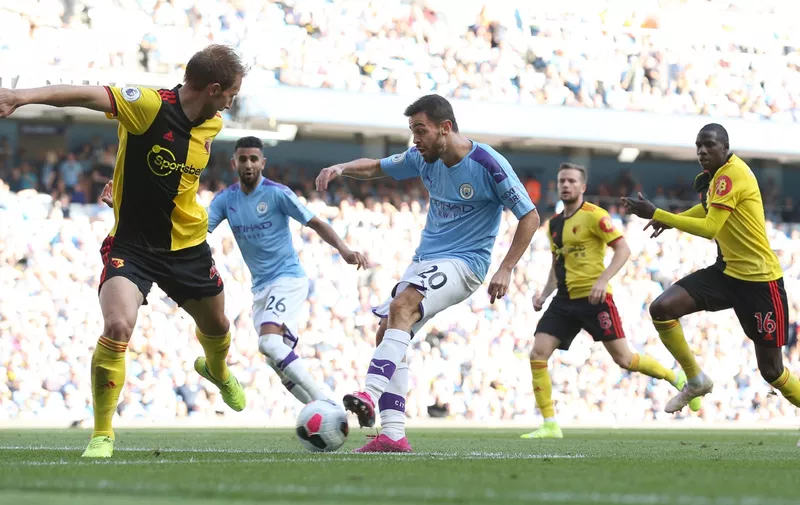 MANCHESTER, ENGLAND - SEPTEMBER 21:  Bernardo Silva of Manchester City scores his team's sixth goal during the Premier League match between Manchester City and Watford FC at Etihad Stadium on September 21, 2019 in Manchester, United Kingdom. (Photo by Jan Kruger/Getty Images)