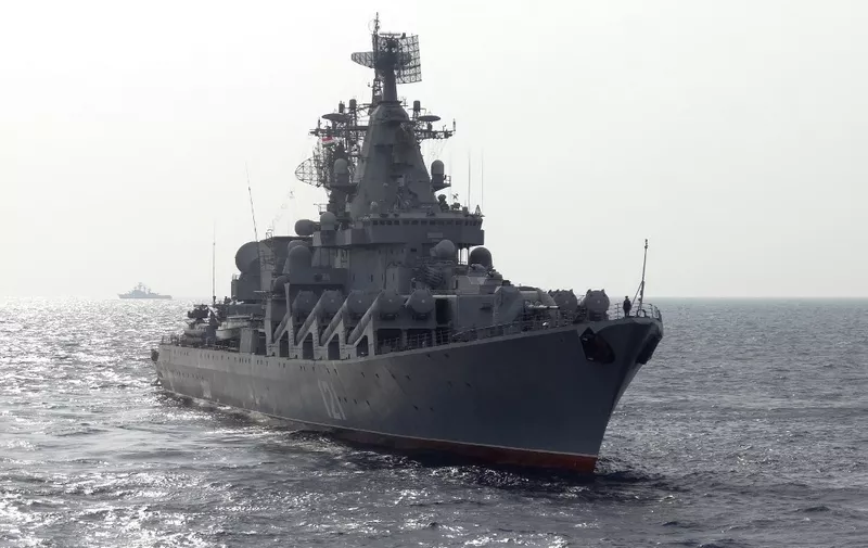 The Russian missile cruiser Moskva patrols in the Mediterranean Sea, off the coast of Syria, on December 17, 2015. - Russia began its air war in Syria on September 30, conducting air strikes against a range of anti-regime armed groups including US-backed rebels and jihadist groups. Moscow has said it is fighting and other "terrorist groups," but its campaign has come under fire by Western officials who accuse the Kremlin of seeking to prop up Syrian President Bashar al-Assad. (Photo by Max DELANY / AFP)