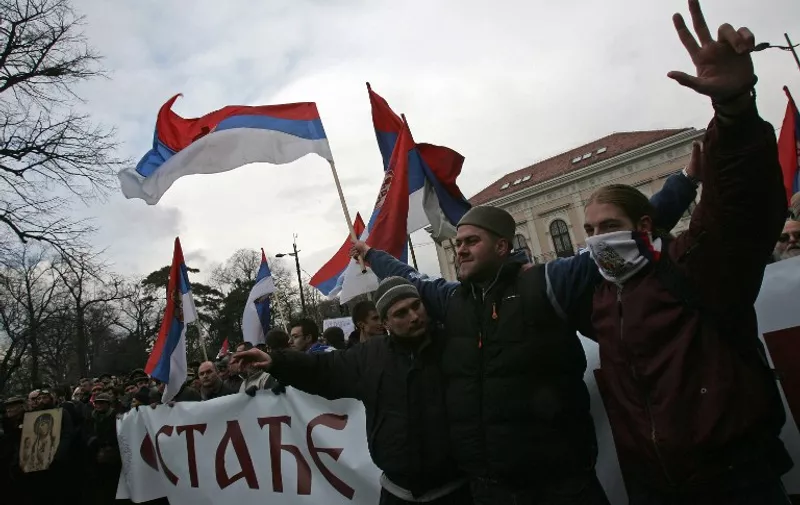 More than a thousand Serb nationalists protest against the decision of European Union to send a mission aimed at helping Kosovo's transition to independence on February 16, 2008 in front of the Slovenian embassy in Belgrade. Kosovo will declare independence on February 17, amid growing excitement among its ethnic Albanians, anger from its Serbs, and the launch of an EU mission to smoothen the birth of the world's newest state. AFP PHOTO / Andrej Isakovic / AFP / ANDREJ ISAKOVIC