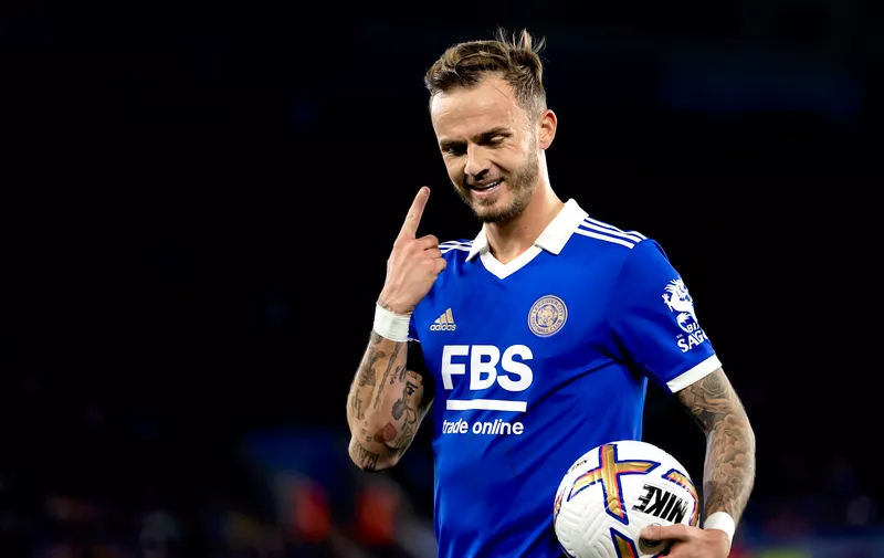 Leicester City's James Maddison during the Premier League soccer match between Leicester City and Nottingham Forest at the King Power Stadium in Leicester, England, Monday, Oct. 03, 2022. (AP Photo/Leila Coker)