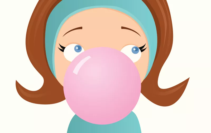 A vector illustration of a girl blowing a bubble with bubble gum.