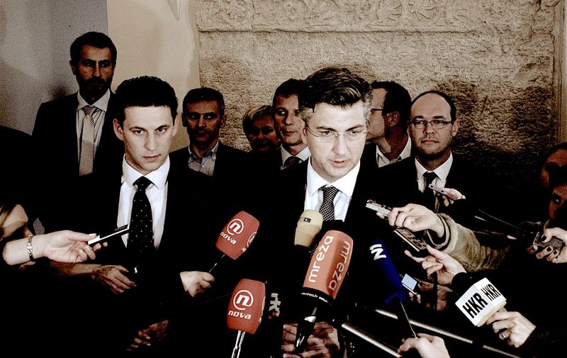 ZAGREB, CROATIA - OCTOBER 7: HDZ leader Andrej Plenkovic (R) and representative of Most, Bozo Petrov (L) hold a press conference after HDZ and Most agreed to revive their coalition, clearing the way to form a new government this month after September's snap vote, in Zagreb, Croatia on October 7, 2016. Stipe Mayic / Anadolu Agency, Image: 302192253, License: Rights-managed, Restrictions: , Model Release: no, Credit line: Profimedia, Abaca