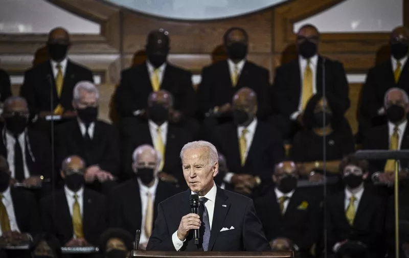 US President Joe Biden speaks at Ebenezer Baptist Church in Atlanta, Georgia, on January 15, 2023, the eve of the national holiday honoring civil rights leader Martin Luther King, Jr. - King was co-pastor of the church from 1960 until his assassination in 1968. (Photo by Brendan SMIALOWSKI / AFP)