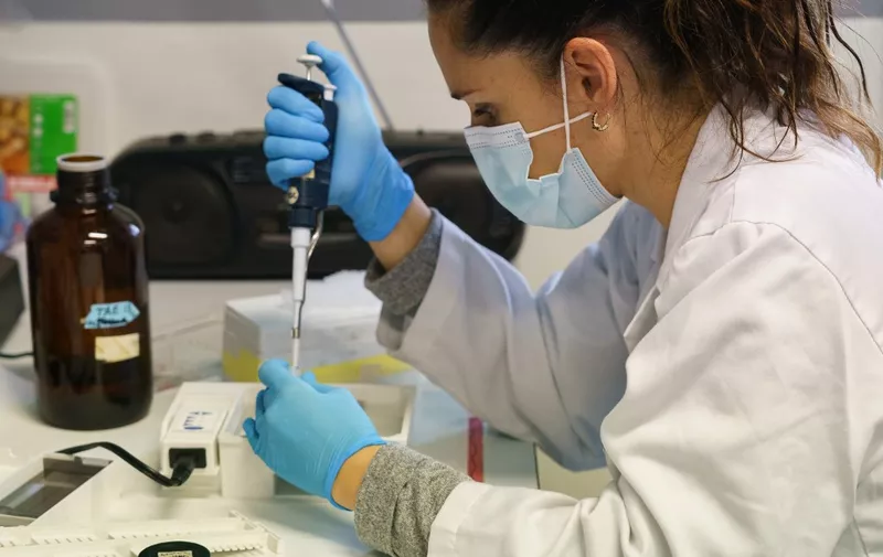A researcher at the Institute of Molecular Biology and Genetics (IBGM) of the University of Valladolid (UVa) works on searching a vaccine against COVID-19, at a laboratory in Valladolid on November 10, 2020. (Photo by Cesar Manso / AFP)