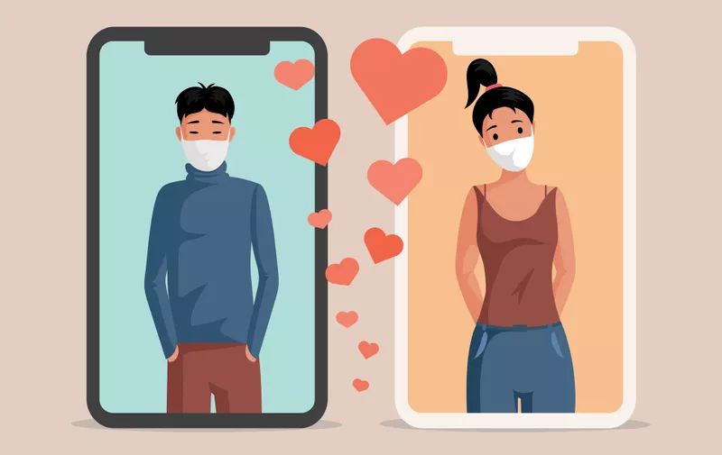Dating application during coronavirus outbreak vector flat cartoon concept. Young happy people in protective face masks falling in love. Smartphone display with woman and man profiles, heart signs.
