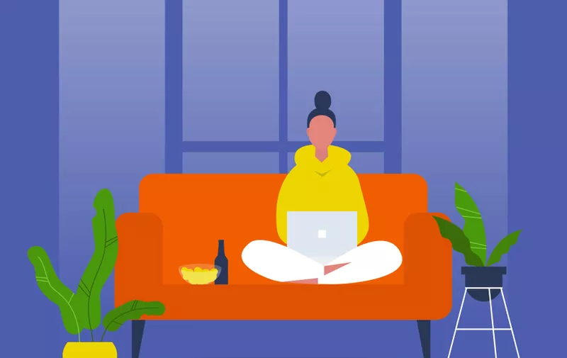 Young female character sitting on sofa and watching TV series on a laptop. Snacks and beer. Leisure. Weekend activities. Chill. Flat editable vector illustration, clip art