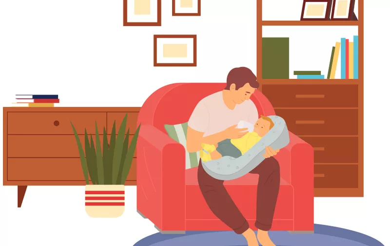 Man feeding newborn baby with bottle in armchair indoors. Child lies on pillow and eats in dad s arms. Man taking care and looking of child in children s room. Dad on maternity leave with baby,Image: 606788003, License: Royalty-free, Restrictions: , Model Release: yes, Credit line: Profimedia