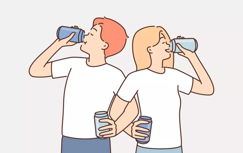 Couple of man and woman cross their arms drinking soda competing in speed of using soft drink. Cheerful young Caucasian friends having cool time drinking beer or alcoholic drink from spirit,Image: 773419616, License: Royalty-free, Restrictions: , Model Release: no