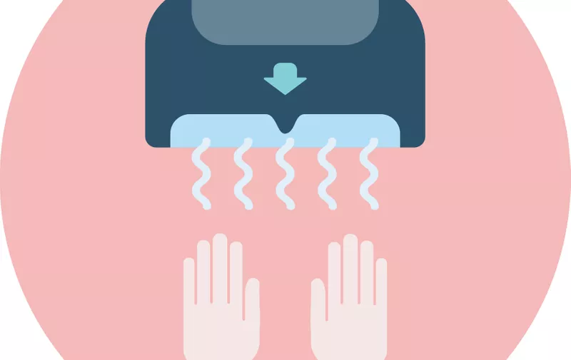 Flat blue hand dryer icon, bathroom and restroom equipment