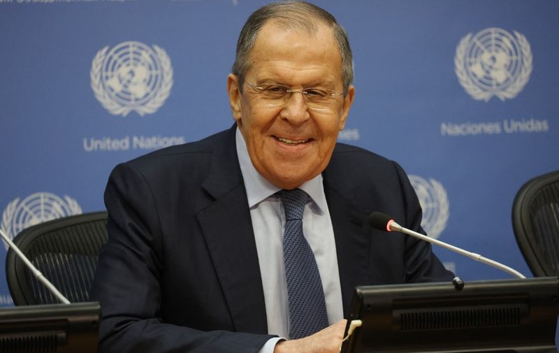 NEW YORK, NEW YORK - APRIL 25: Russian Foreign Minister Sergey Lavrov speaks to the media at a news conference at the United Nations (U.N.) headquarters on April 25, 2023 in New York City. Russia was criticized by numerous U.N. members yesterday for its ongoing war in Ukraine during a Security Council meeting which was chaired by Russian Foreign Minister Lavrov.   Spencer Platt/Getty Images/AFP (Photo by SPENCER PLATT / GETTY IMAGES NORTH AMERICA / Getty Images via AFP)