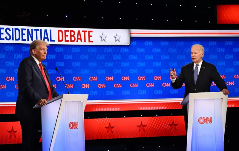 Former President DONALD TRUMP, left, and President JOE BIDEN face off during their first presidential debate at CNN.
Biden-Trump Presidential Debate 2024: Atlanta, Georgia, USA - 27 Jun 2024,Image: 885424465, License: Rights-managed, Restrictions: ***
HANDOUT image or SOCIAL MEDIA IMAGE or FILMSTILL for EDITORIAL USE ONLY! * Please note: Fees charged by Profimedia are for the Profimedia's services only, and do not, nor are they intended to, convey to the user any ownership of Copyright or License in the material. Profimedia does not claim any ownership including but not limited to Copyright or License in the attached material. By publishing this material you (the user) expressly agree to indemnify and to hold Profimedia and its directors, shareholders and employees harmless from any loss, claims, damages, demands, expenses (including legal fees), or any causes of action or allegation against Profimedia arising out of or connected in any way with publication of the material. Profimedia does not claim any copyright or license in the attached materials. Any downloading fees charged by Profimedia are for Profimedia's services only. * Handling Fee Only 
***, Model Release: no