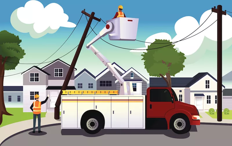 A vector illustration of worker fixing broken power lines