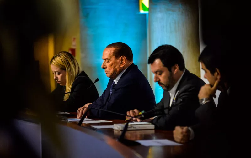 March 1, 2018 - Rome, Italy - Giorgia Meloni (L), leader of Fratelli d'Italia (Brothers of Italy) party, Silvio Berlusconi, President of Forza Italia (Go Italy) and former Italian Prime Minister, and Matteo Salvini, leader of Lega Nord (North League) party, take part at a political meeting organised by the centre-right coalition for the upcoming general political election in Rome, Italy on March 01, 2018. The Italian General Election takes place on March 4th 2018., Image: 364763471, License: Rights-managed, Restrictions: * France Rights OUT *, Model Release: no, Credit line: Profimedia, Zuma Press - News