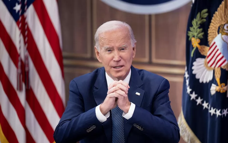 US President Joe Biden delivers virtual remarks at the Summit on Fire Prevention and Control from the South Court Auditorium of the White House in Washington, DC, on October 11, 2022. (Photo by Brendan Smialowski / AFP)