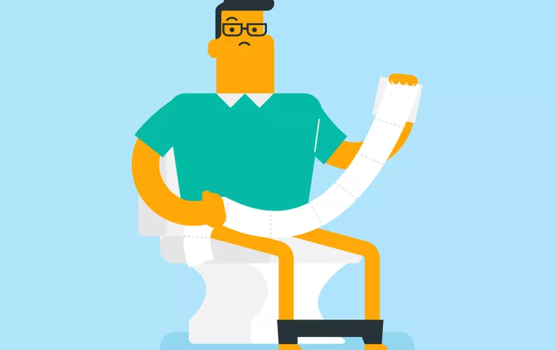 Caucasian white man sitting on the toilet bowl and suffering from constipation. Man holding toilet paper roll and suffering from diarrhea. Vector cartoon illustration. Square layout.