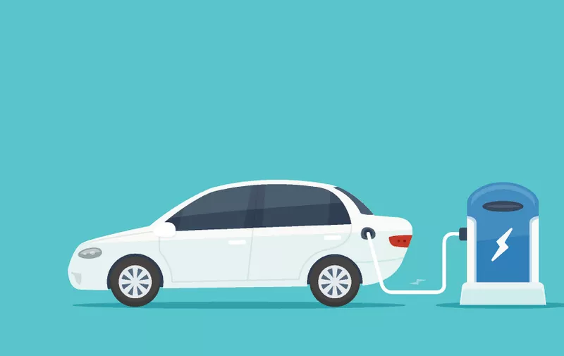White modern electric car on charging station vector illustration in flat style