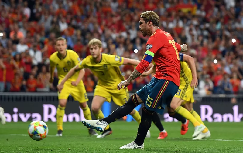 MADRID, SPAIN &#8211; JUNE 10: Sergio Ramos of Spain scores during the 2020 UEFA European Championships group F match between Spain and Sweden at Bernabeu on June 10, 2019 in Madrid, Spain. (Photo by David Ramos/Getty Images)