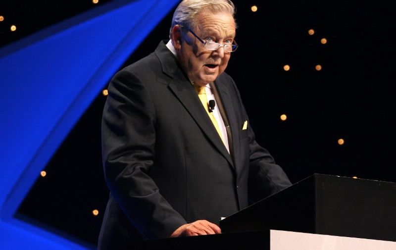 Swedish UEFA President Lennart Johansson gives a speach during the results of the 2006/07 draw for the football Champions League's first group, 24 august 2006 in Monaco. AFP PHOTO / VALERY HACHE