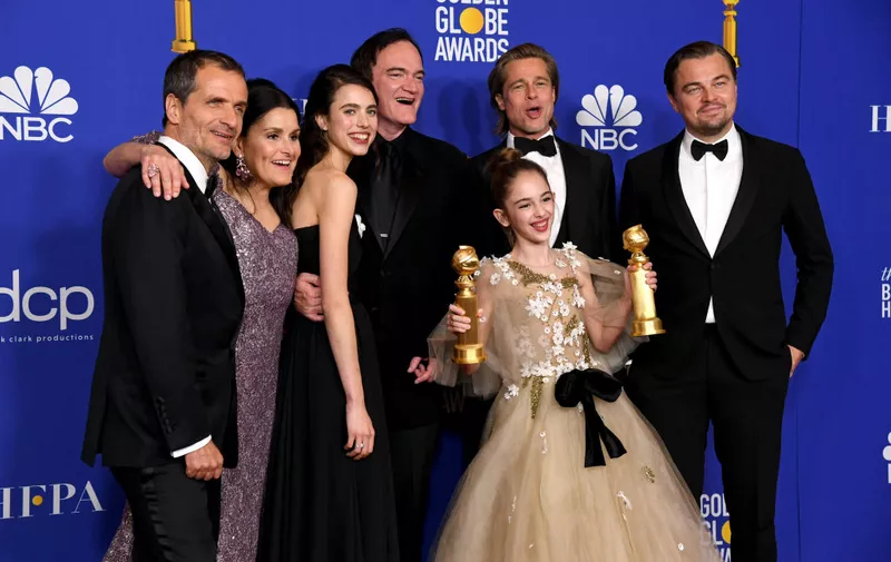 BEVERLY HILLS, CALIFORNIA - JANUARY 05: (L-R) David Heyman, Shannon McIntosh, Margaret Qualley, Quentin Tarantino, Brad Pitt, Julia Butters, and Leonardo DiCaprio pose in the press room with award for Best Motion Picture — Musical or Comedy during the 77th Annual Golden Globe Awards at The Beverly Hilton Hotel on January 05, 2020 in Beverly Hills, California. (Photo by Kevin Winter/Getty Images)