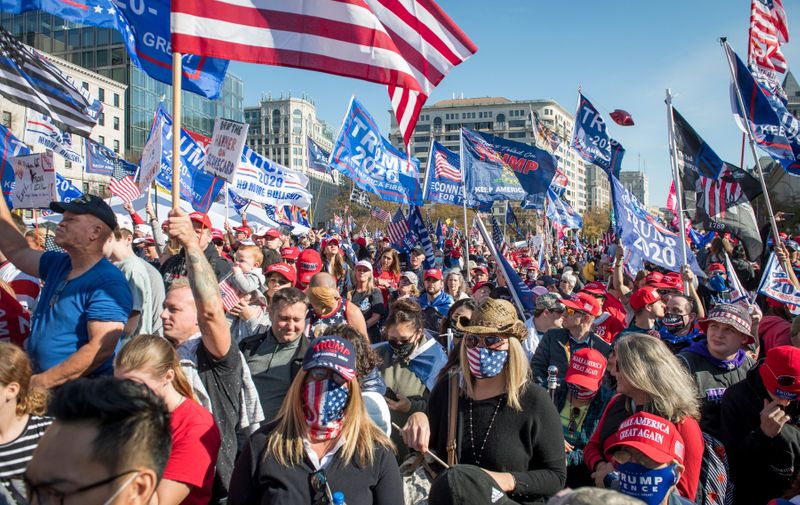Thousands of people take part in a pro-Trump MAGA rally march on Pennsylvania Avenue, Northwest from Freedom Plaza to the United States Supreme Court around in Washington, DC.
Trump MAGA Rally, Washington, District of Columbia, USA - 14 Nov 2020,Image: 569044827, License: Rights-managed, Restrictions: , Model Release: no