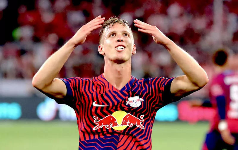 Sport Bilder des Tages Bayern Muenchen - RB Leipzig / Supercup M¸nchen, 12.08.2023, Allianz Arena, Fuﬂball, DFL-Supercup 2023 , FC Bayern Muenchen vs. RB Leipzig , Tor f¸r Leipzig zum 0:3. Im Bild: Torsch¸tze Dani Olmo 7, RB Leipzig , Fotos: PICTURE POINT / Roger Petzsche ,  Nur f¸r journalistische Zwecke. Only for editorial use DFL regulations prohibit any use of photographs as image sequences and/or quasi-video. ,  Verˆffentlichung ist honorarpflichtig, zzgl. MwSt. ,  IBAN: DE46 8609 5604 0307 2390 00 , *** Bayern Muenchen RB Leipzig Supercup Munich, 12 08 2023, Allianz Arena, Football, DFL Supercup 2023 , FC Bayern Muenchen vs RB Leipzig , Goal for Leipzig to 0 3 In the picture scorer Dani Olmo 7, RB Leipzig , Photos PICTURE POINT Roger Petzsche ,  Only for journalistic purposes Only for editorial use DFL regulations prohibit any use of photographs as image sequences and or quasi video ,  Publication is subject to a fee, plus VAT ,  IBAN DE46 8609 5604 0307 2390 00 , Picture Point