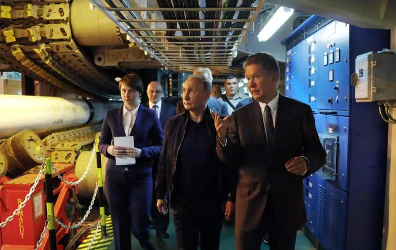 3138193 06/23/2017 June 23, 2017. Russian President Vladimir Putin and Alexei Miller, right, Gazprom Alexey Miller, Deputy Chairman of the Board of Directors and Chairman of the Management Committee (CEO), tour the Pioneering Spirit pipelay vessel. The Russian President inspected the work underway on the Turk Stream pipeline. /Russian Presidential Press Office, Image: 338908138, License: Rights-managed, Restrictions: , Model Release: no, Credit line: Profimedia, Sputnik