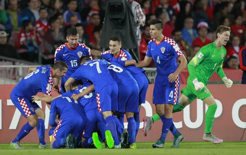 Croatia's players celebrate their goal during an Under 17 World Cup football match between Croatia and Chile at the  National Stadium  in Santiago on October 17, 2015. AFP PHOTO/MARCELO HERNANDEZ /PHOTOSPORT
