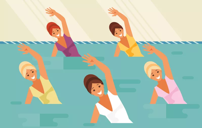 Group of female athletes. Synchronized swimming and water aerobics. Vector illustration