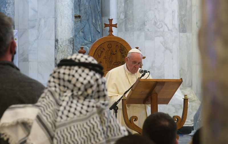 March 7.2021 : Pope Francis durign the visit at the Syriac Catholic Churh of the Immaculate Conception ( al-Tahira-l-Kubra ), tn the predominantly Christian town of Quaraqosh (Baghdeda ) , in Nineveh province , Iraq//IPAPRESSITALY_ipa1389/2103071213/Credit:Â'VATICAN MEDIA /CPP / IP/SIPA/2103071214,Image: 595803740, License: Rights-managed, Restrictions: , Model Release: no