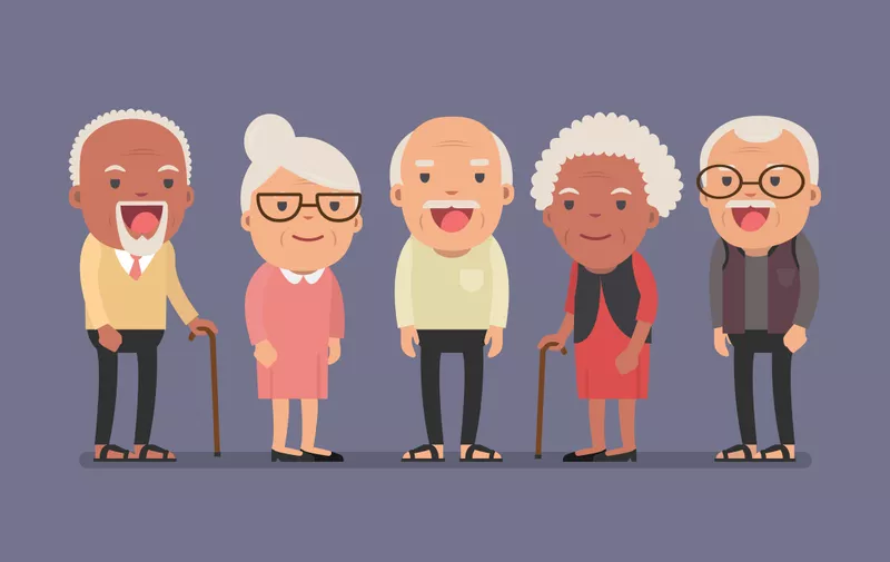 Group of elderly people stand together on background. Vector illustration in creative flat vector character design