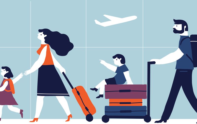 Parents with children are going on vacation. Vector creative illustration  on blue  background. Family travel.