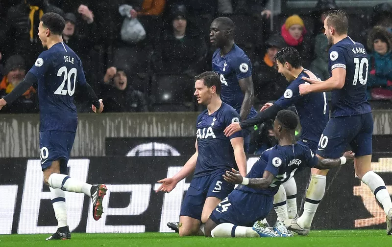 WOLVERHAMPTON, ENGLAND - DECEMBER 15: Jan Vertonghen of Tottenham Hotspur celebrates with teammates after scoring his team's second goal during the Premier League match between Wolverhampton Wanderers and Tottenham Hotspur at Molineux on December 15, 2019 in Wolverhampton, United Kingdom. (Photo by Michael Regan/Getty Images)