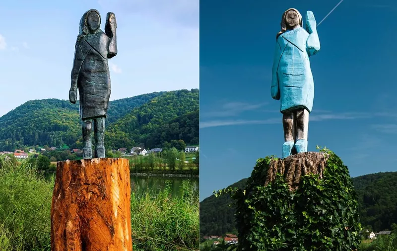 (COMBO) This combination of pictures created on September 15, 2020 shows the new bronze replica statue depicting US First Lady Melania Trump (L), made by US artist Brad Downey, after its unveiling in a field near US First Lady's hometown Sevnica, on September 15, 2020, and a file photo taken on July 05, 2019 showing what conceptual artist Ales 'Maxi' Zupevc claims is the first ever monument of Melania Trump, set in the same field near town of Sevnica. - The new bronze statue of US First Lady Melania Trump which was unveiled in a field near US First Lady's hometown Sevnica on September 15, 2020, is a replica of an original wooden statue (R) made by Slovenian artist Ales 'Maxi' Zupevc, which was inaugurated on July 4, 2019 and later burned by unknown perpetrators on July 5, 2020. (Photos by Jure Makovec / AFP) / RESTRICTED TO EDITORIAL USE - MANDATORY MENTION OF THE ARTIST UPON PUBLICATION - TO ILLUSTRATE THE EVENT AS SPECIFIED IN THE CAPTION
RESTRICTED TO EDITORIAL USE - MANDATORY MENTION OF THE ARTIST UPON PUBLICATION - TO ILLUSTRATE THE EVENT AS SPECIFIED IN THE CAPTION /