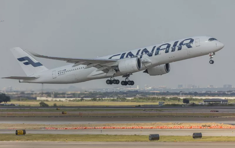 Finnair plane is seen at the Dallas-Fort Worth International Airport (DFW) in Dallas Texas in the United States on August 1, 2023. (Photo by William Volcov / BRAZIL PHOTO PRESS / Brazil Photo Press via AFP)